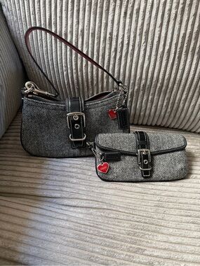 Gray Herringbone Shoulder Bag and Clutch Set - Stylish Women’s Handbags